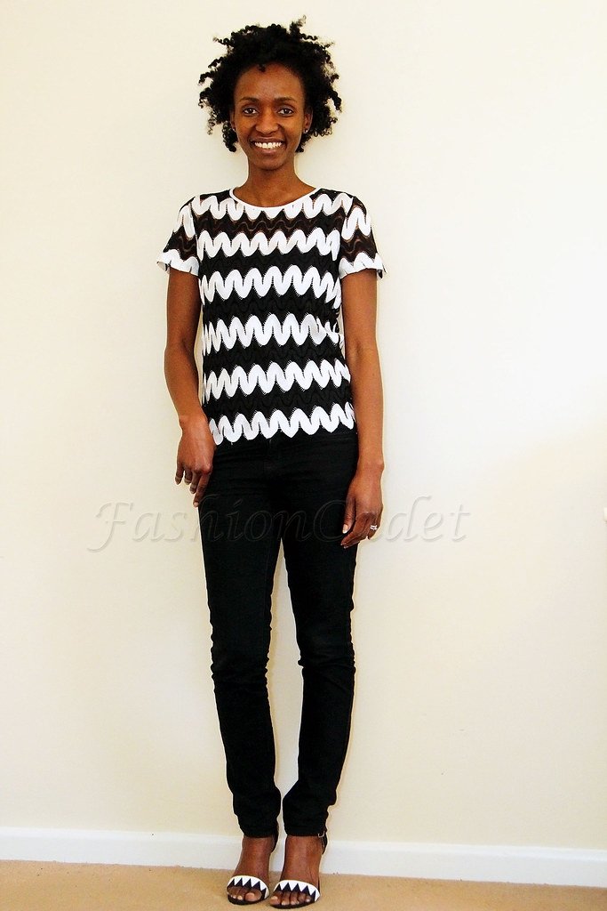 Black & white crochet top, jeans & heels: Monochrome Head to toe
