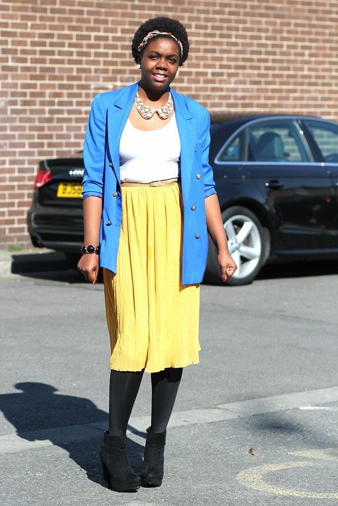 Yellow Accordion skirt, Blue oversized double breast blazer