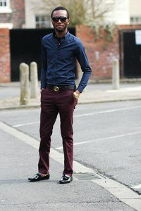 Mens Burgundy trousers, Navy blue shirt & black patent shoes 2