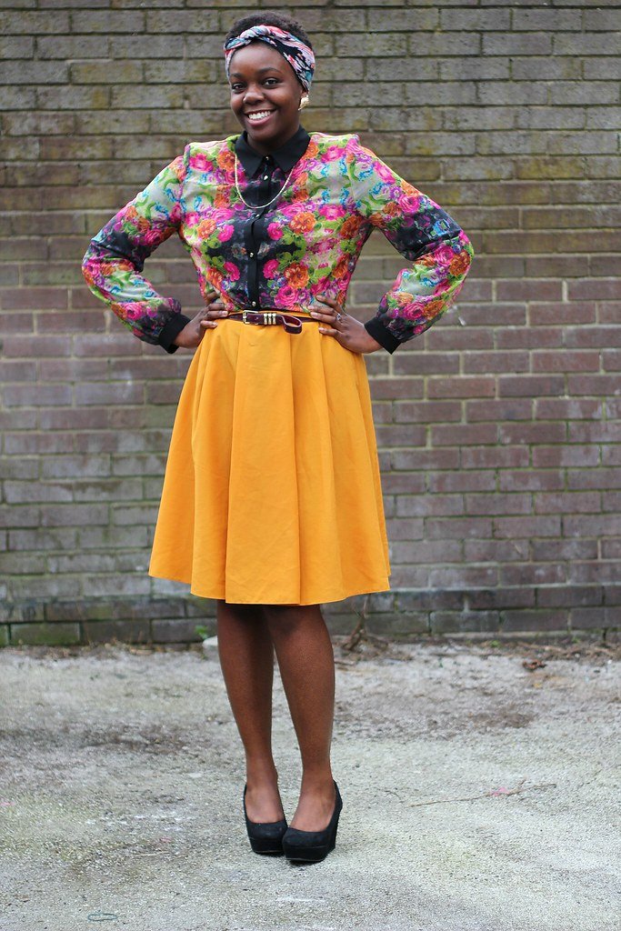 Mustard yellow skirt with floral blouse, wedges & headscarf