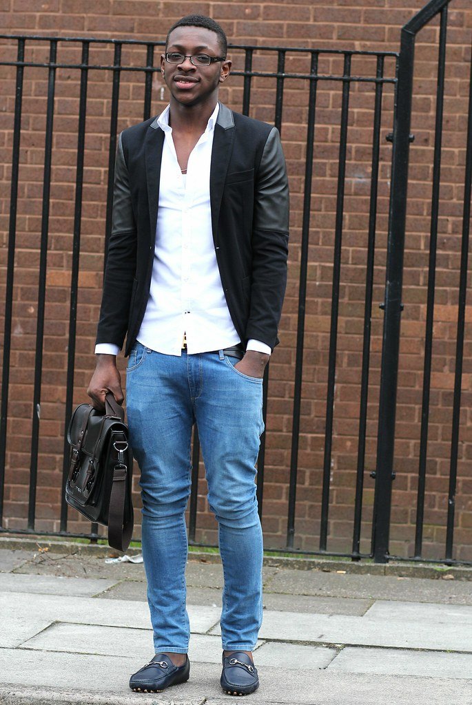 Slim fit leather-sleeved cotton blend blazer, shirt & satchel