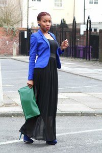 -sheer-maxi-skirt-blue-blazer-green-oversized-clutch