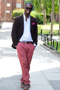 Brown blazer with pale violet red chinos, & pink pocket square