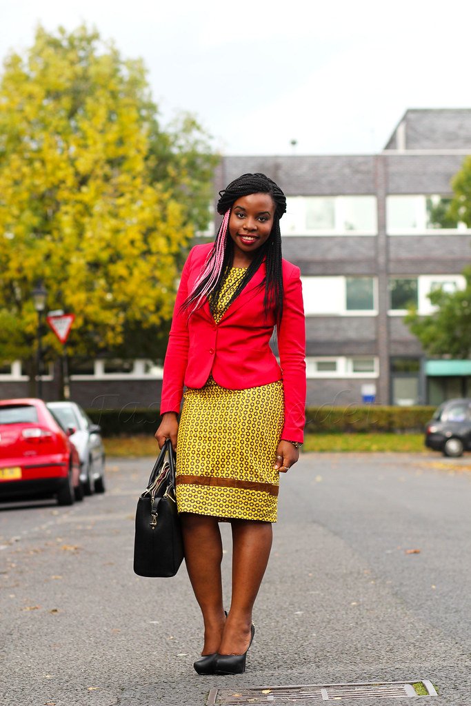 Smart ankara/kitenge dress with a fuschia blazer: Work style