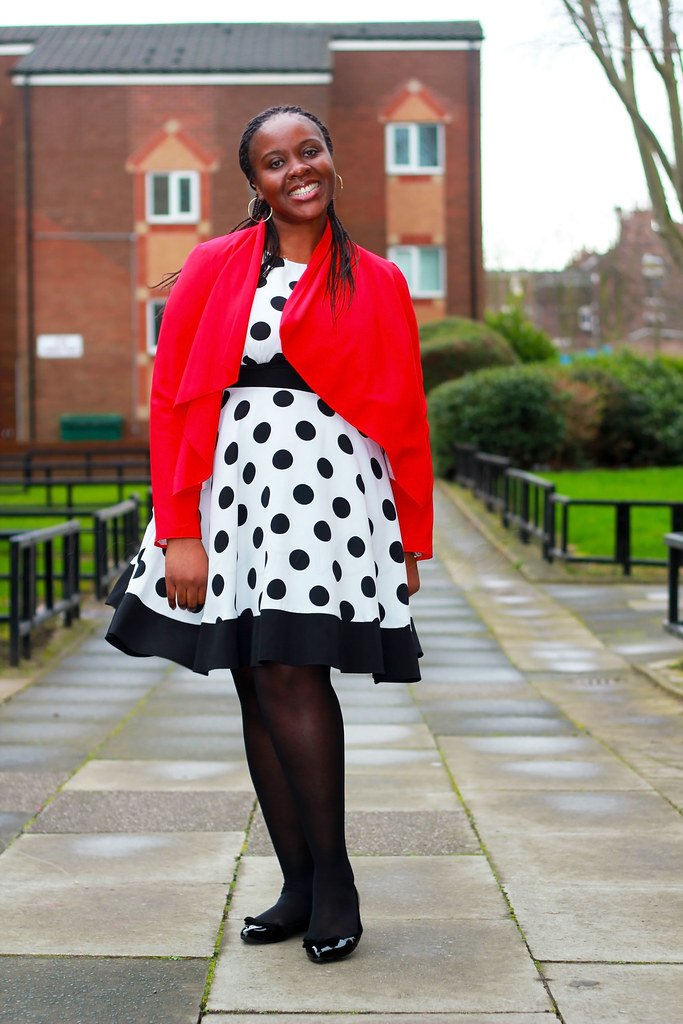 How to wear Polka dot skater dress, red waterfall jacket & red trenchcoat