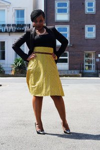 Yellow high waisted A-line shape ‘ankara’/’kitenge’/’chitenge’/African print skirt with a black blazer, top & pointed patent stilettos: Office chic
