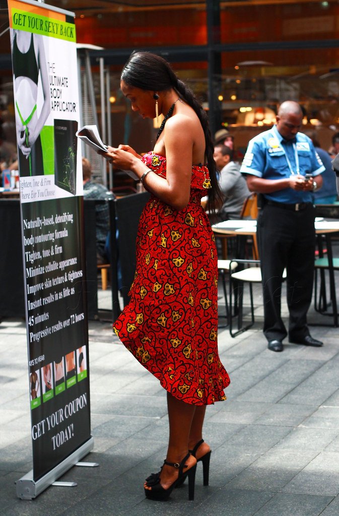 Kitenge/Ankara/African Print Strapless high low dress with black sandals