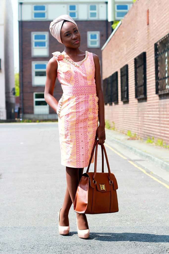 Beaded embellished sleeveless ankara/kitenge/African print dress with cream heels, brown handbag & turban