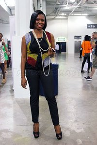Ankara/kitenge/chitenge/African print vest coat with black top, peep toe heels & capri pants: Kitenge styles for work