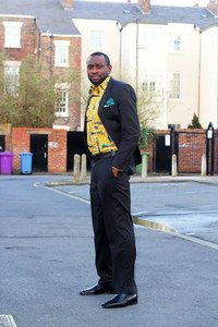 Men’s Ankara/kitenge/African print shirt with a pinstripe suit & a pocket square