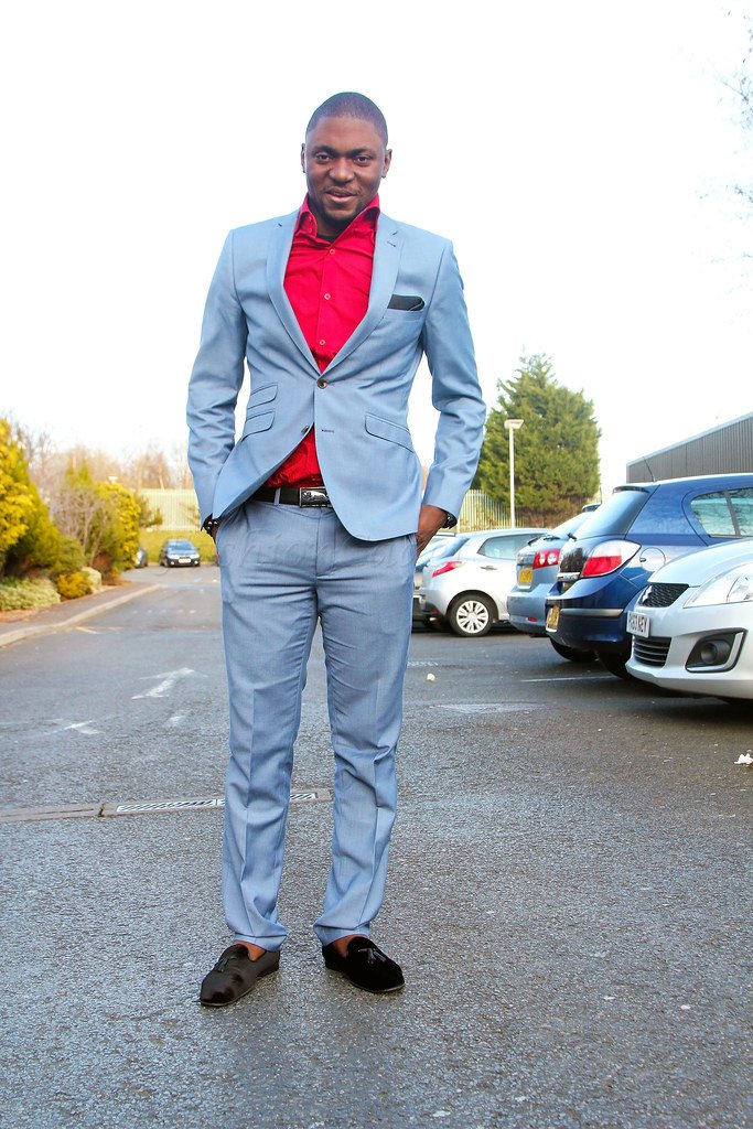 blue suit with loafers