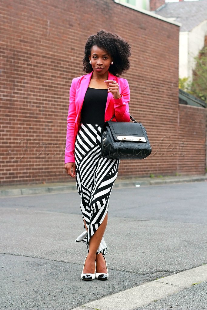 Striped side split maxi dress with pink blazer