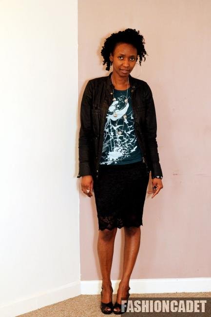 Printed t-shirt, lace pencil skirt, denim jacket & heels