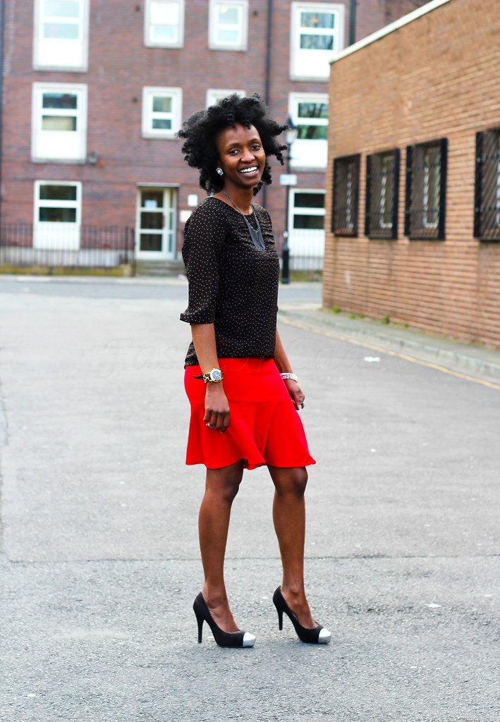 How to style a Red Trumpet / peplum hem skirt with silver cap toe heels