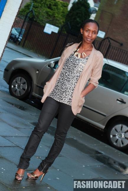 Biker trousers, leopard print top, blazer & metallic heels