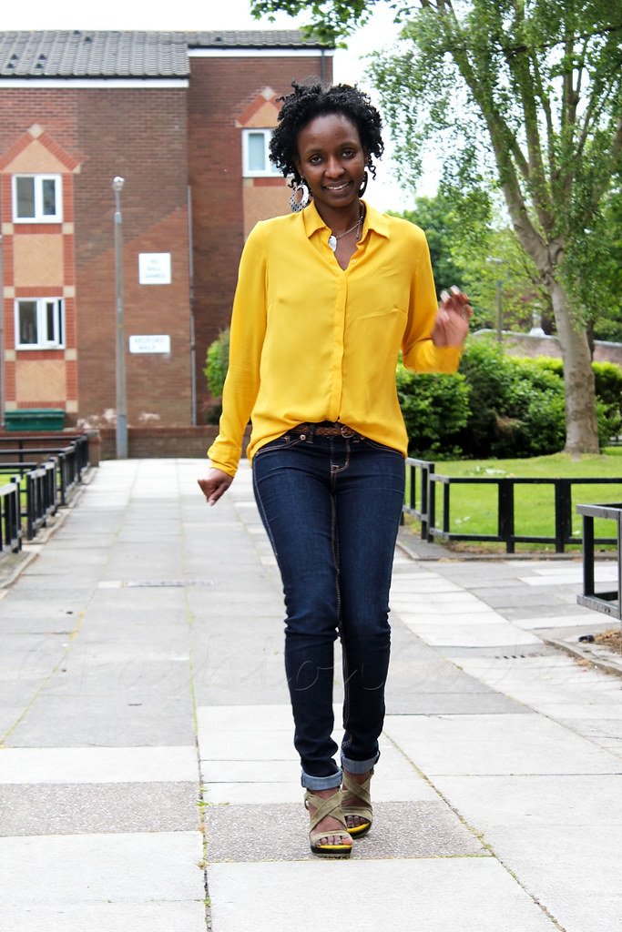 Yellow sole strap sandals, Yellow Blouse and indigo jeans
