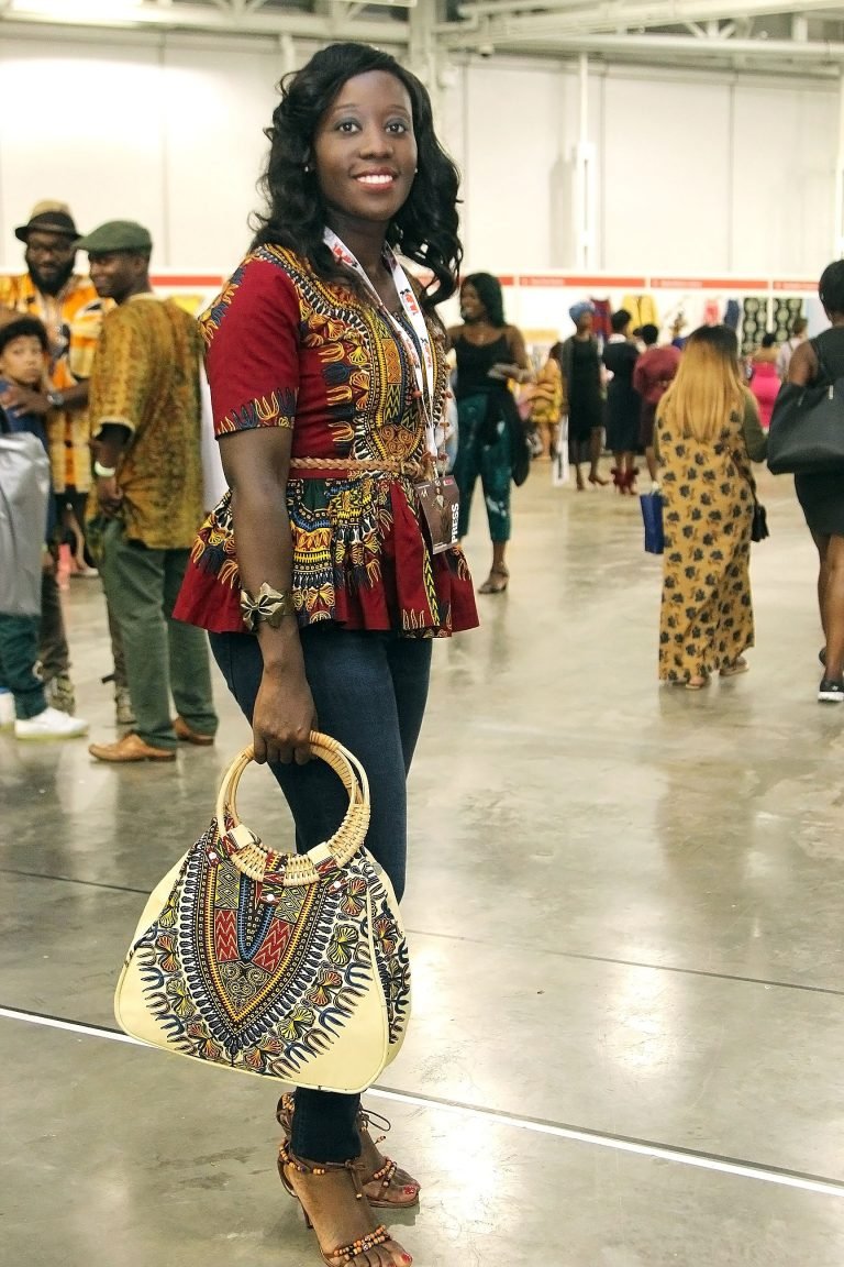 Dashiki peplum top with indigo jeans & a dashiki handbag