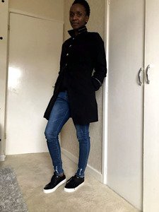 Black Military Coat with Frayed Hem Distressed Jeans 2