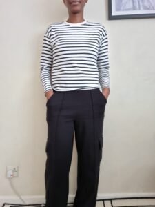 wide legs cargo pants with long sleeved striped top
